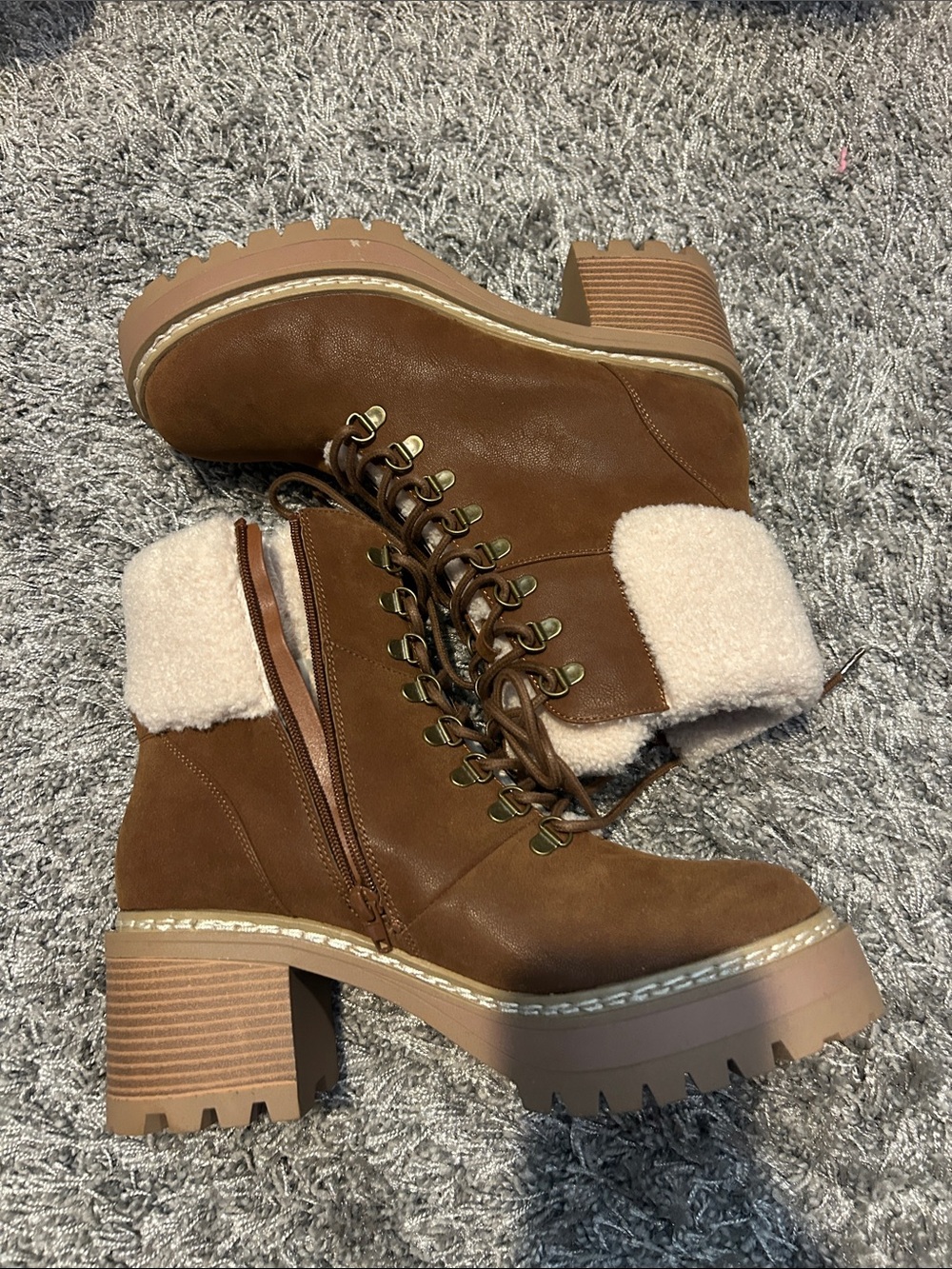MIA Cognac Lace-Up Shearling Cuff Block Heel Boots